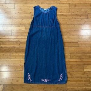 Time Out Vintage Denim Midi Tank Dress with Pink Floral Embroidered Accents